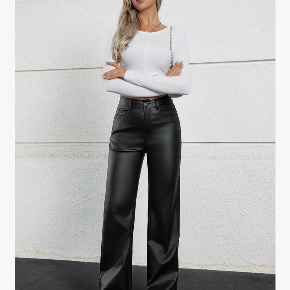 Black Wide-Leg Leather Pants